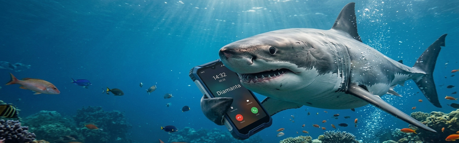 Uno squalo con uno smartphone: chiamata in arrivo da Diamanta Dive Academy